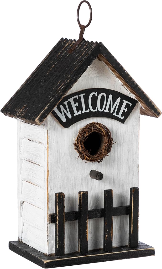 Glitzhome Bird Houses for Outside, Birdhouses for Outdoors, 11" H Washed White Solid Wood Bird Houses Fence Garden Hanging Birdhouses for Bluebird Swallow Sparrow Hummingbird Finch Cardinals