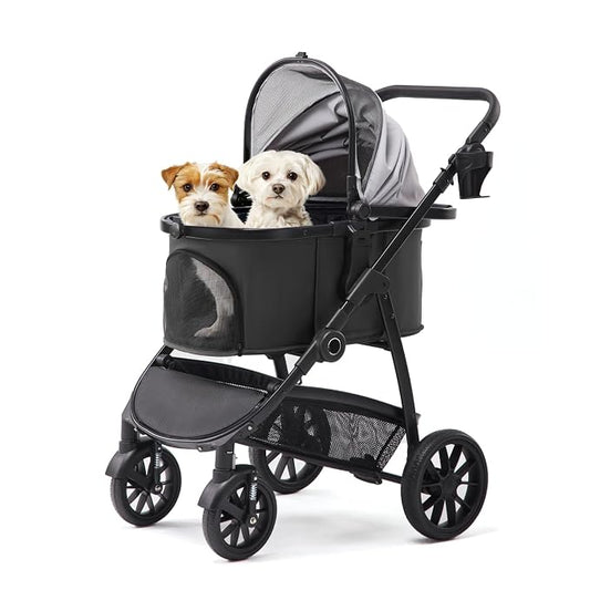 3-in-1 Pet Stroller for Medium Dogs & Cats, Detachable Aluminum Frame Carrier, All-Terrain 4-Wheel Dog Travel Carriage, Shock Absorption, Easy-Entry Low Door, Max 55lbs - Darkgrey