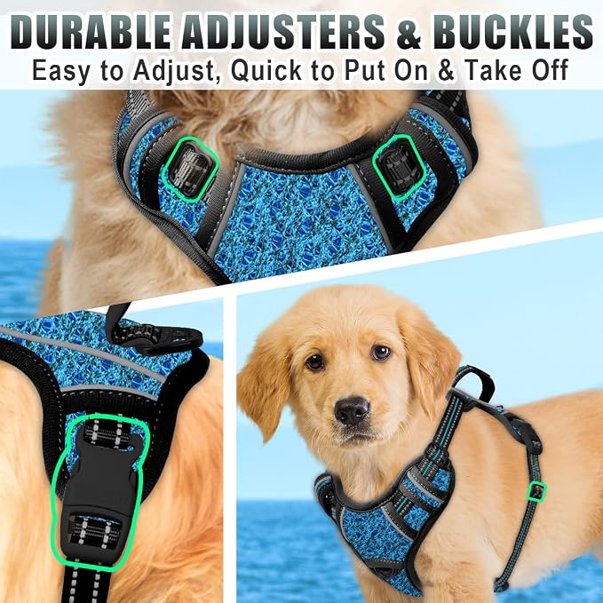 BARKBAY No Pull Dog Harness Large Reflective Dog Harness with Front Clip and Easy Control Handle for Walking Training Running with ID tag Pocket(Blue/Black,S)
