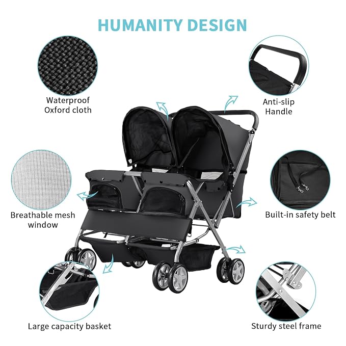 Double Pet Stroller for 2 Dogs & Cats, Side-by-Side, Black | Foldable Two-Seater with Separate Cabins, 44 lb Capacity, Dual Baskets and Safety Tethers for Walks, Travel and Vet Visits