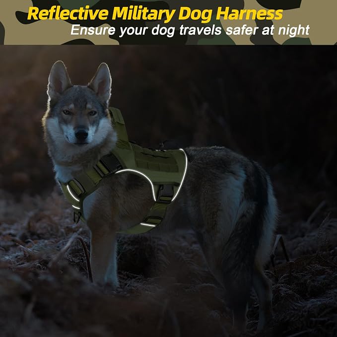 WINGOIN Green Tactical Dog Harness for Extra Large Dogs,No Pull Dog Harness | Heavy Duty with Handle,Adjustable Reflective,Military K9 Style,Big Size Dog Vest,for Great Danen,for Walking Training Hunting