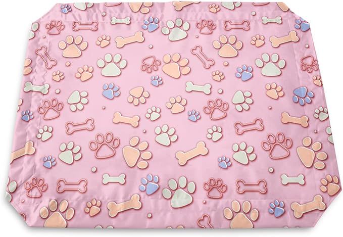 QOOMO Elevated Dog Bed with Cooling Fabric, Pet Cot for Small and Big Dogs, Indoor and Outdoor Use, Joint Relief, Cute Printed Cushion Included (Pink Paw Prints, 35.43" L*25.59" W*8.27" Th)