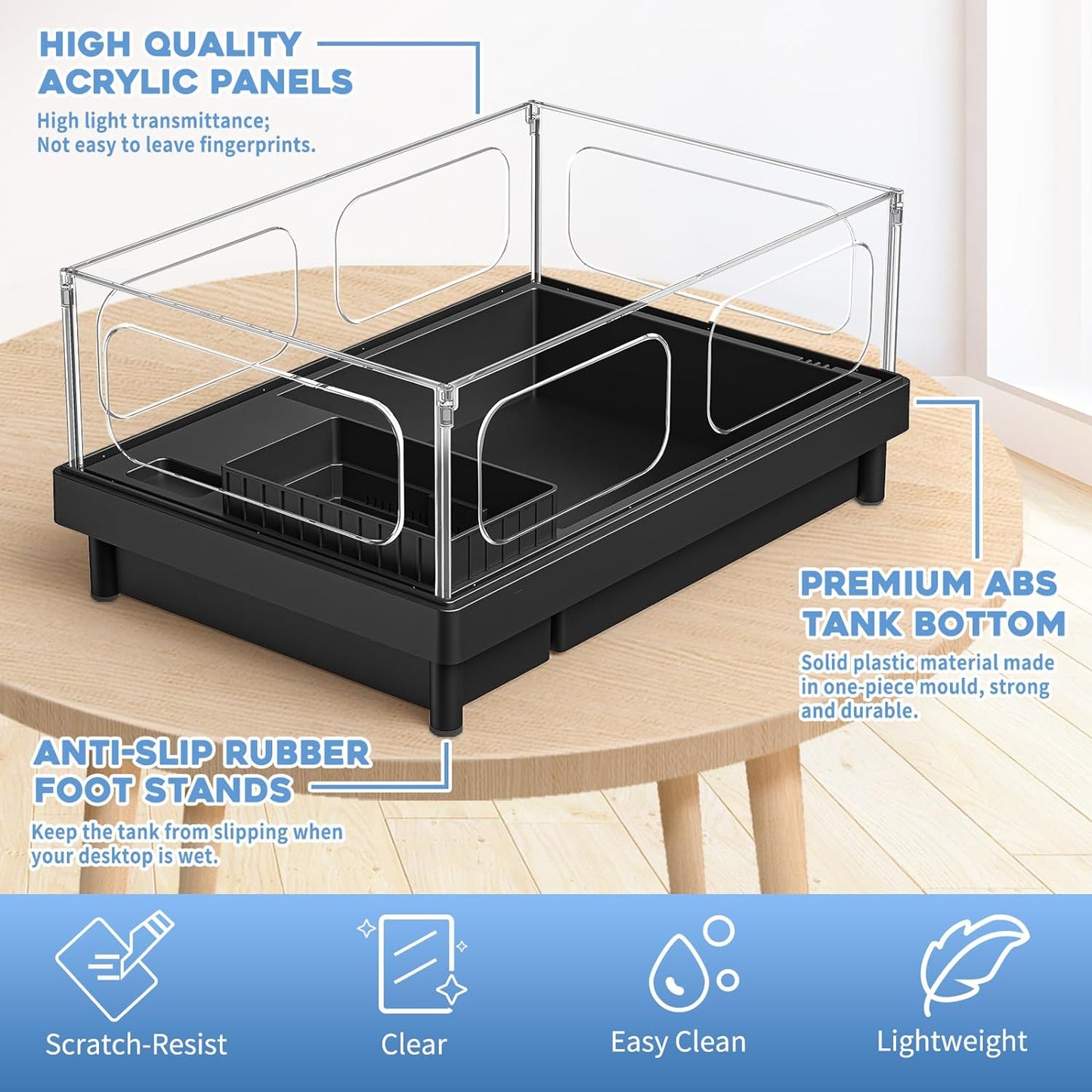 Small Turtle Tank Kit, Acrylic Turtle Tank Starter Kit with Basking Platform, Bottom Drainage, Multi-Function Areas for Turtles, Crabs, Crayfish, Small Reptiles. (Black Kit)