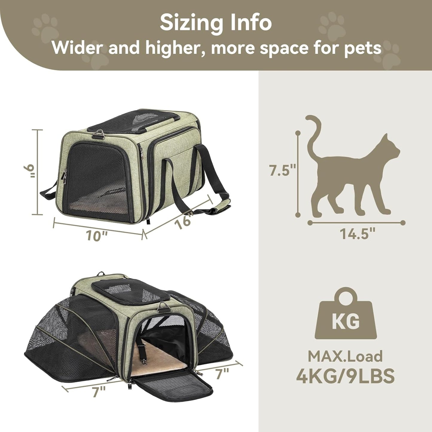 Petsfit Expandable Rabbit Carrier Bunny Carriers, 16 Inch Airline Approved Pet Carrier with 2 Extensions, Soft Washable Cushion, Self-Locking Zipper Head, Built-in Safety Rope, Fit for Travel