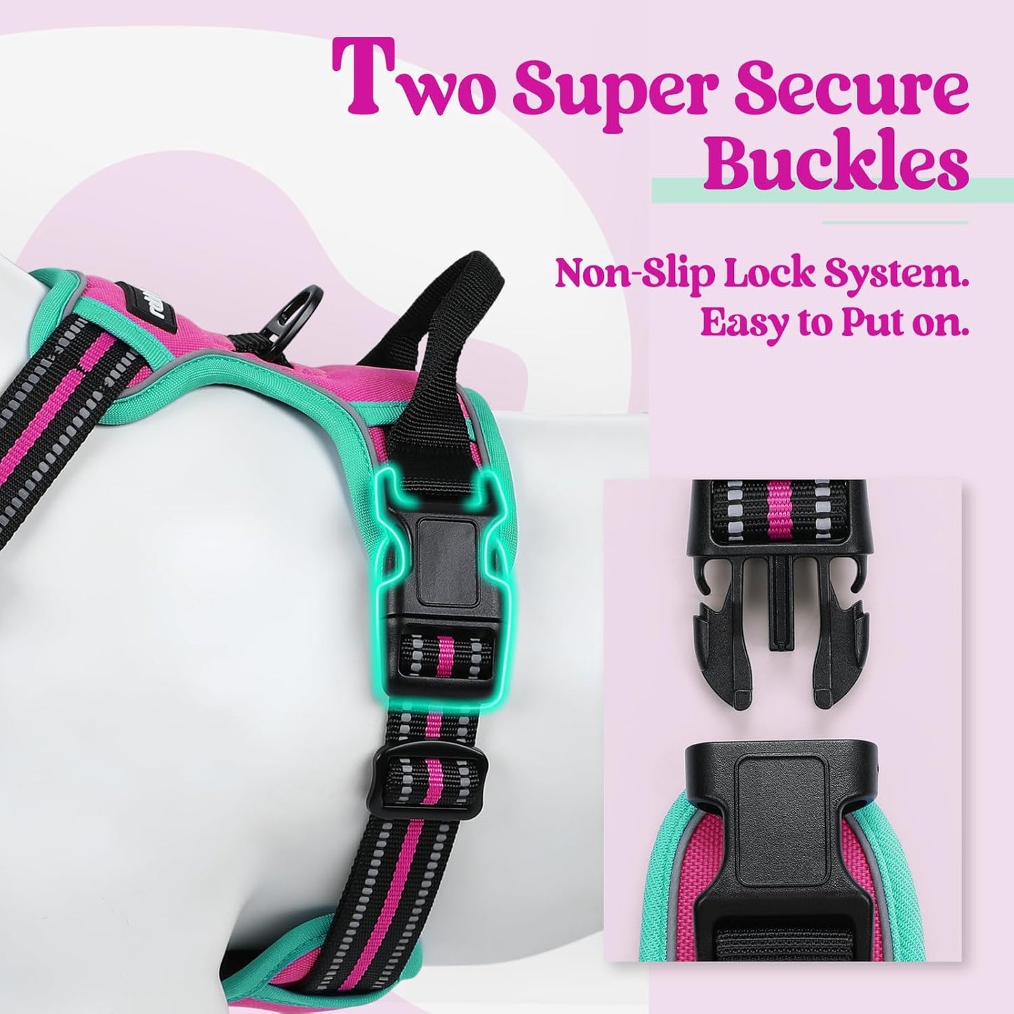 rabbitgoo Dog Harness No Pull with 2 Leash Clips, Adjustable Soft Padded, Reflective Oxford No Choke Pet Vest with Easy Control Handle for Large Dogs, Hot Pink & Turquoise, S