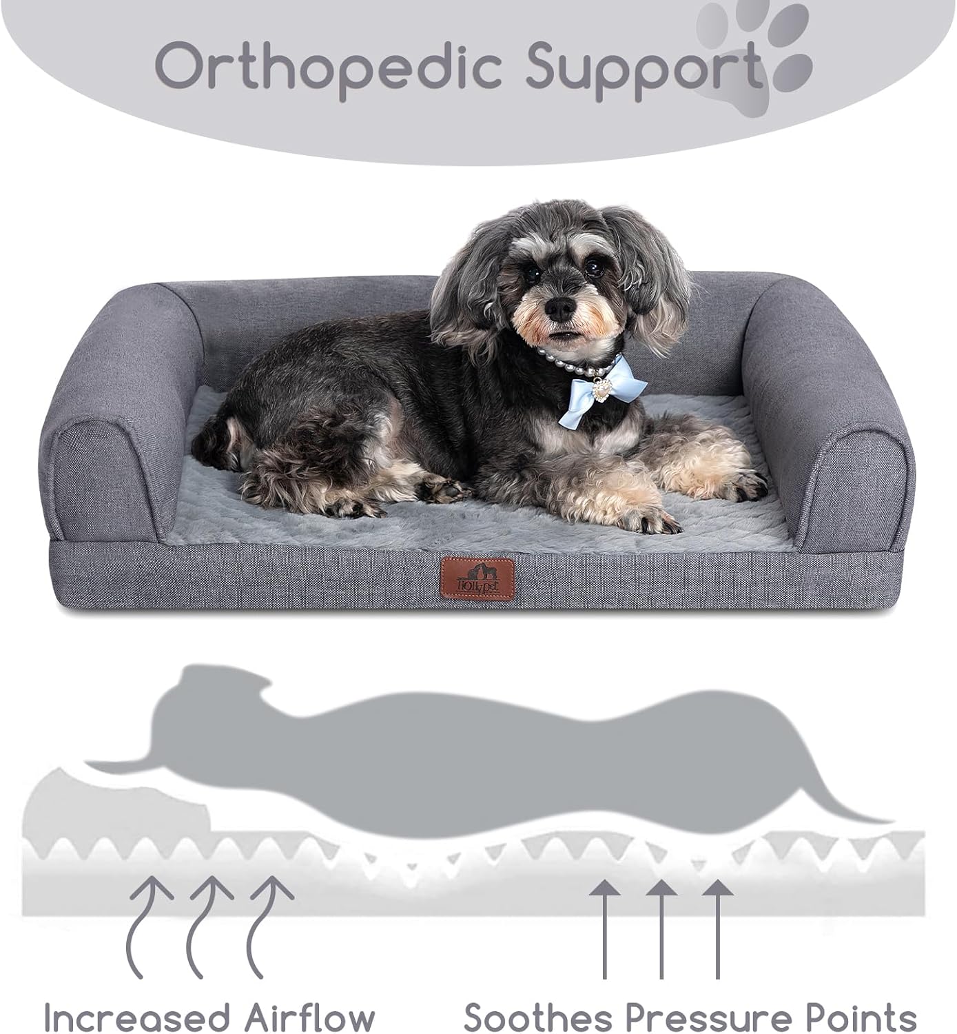 Hollypet Orthopedic Dog Bed for Medium Dogs, Supportive Foam Pet Couch with Removable Washable Cover and Non-Slip Bottom, Waterproof Lining Dog Sofa Bed, Gray, M (28 * 22.5 * 7.5)