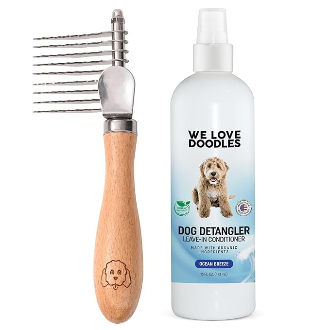 We Love Doodles Dog Dematting Brush & Rake, Dog Detangler Spray (Ocean Breeze) for Dogs, Bundle - Stainless Steel Blades - Made in the USA