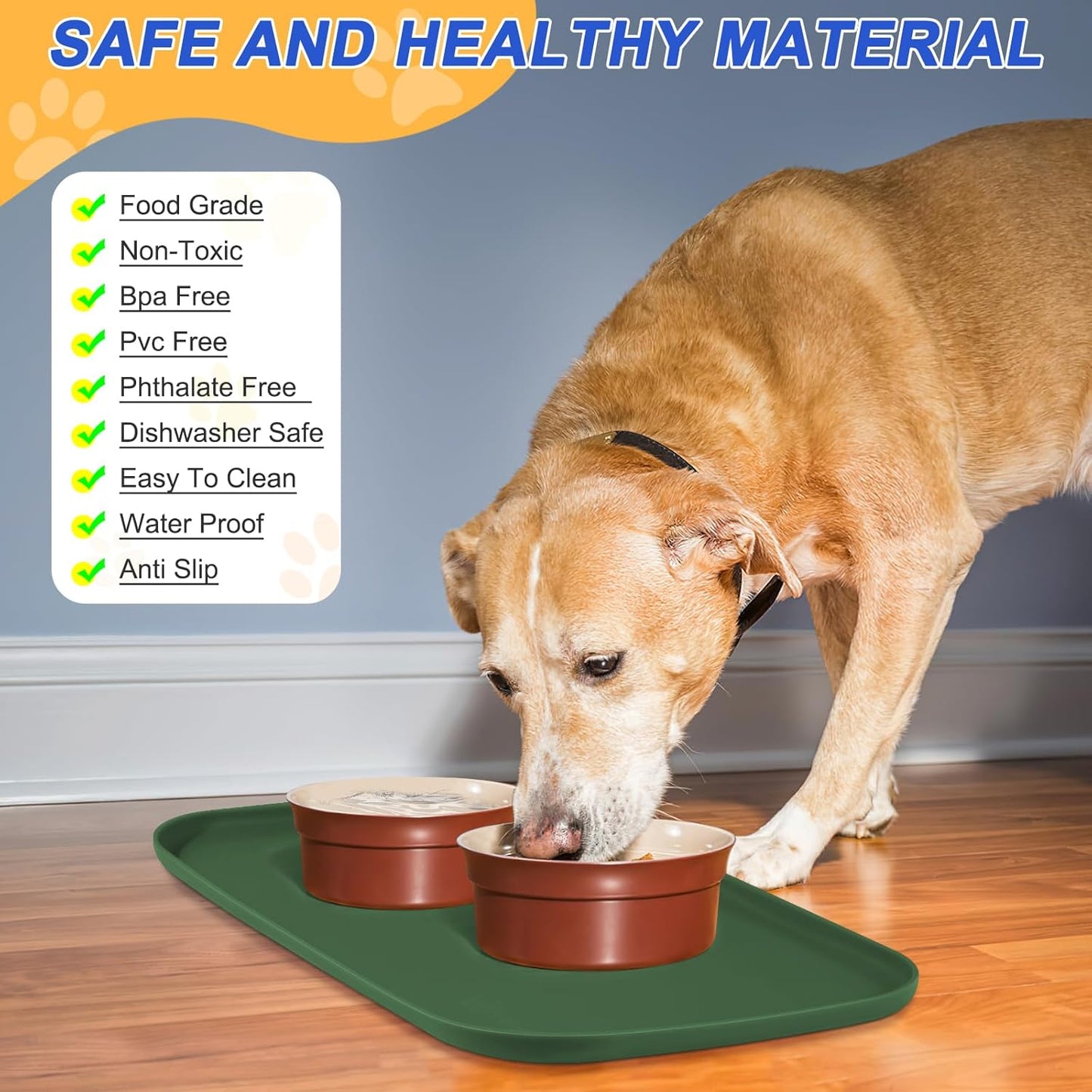 Silicone Pet Feeding Mat with Raised Edge for Food and Water, Dog Bowl Mats, Cat Bowls Placemat with High Lip for Floor Waterproof, Rubber Tray for Cats and Dogs 22 x 14 x0.8 Dark Olive