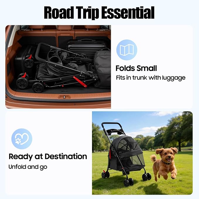 Pet Stroller for Small Medium Dogs Cats, Lightweight Foldable Pet Wagon with 360° Front Wheels & Brake, 40 lbs Capacity Carrier for Park Travel Shopping, Breathable Mesh Basket (Black)