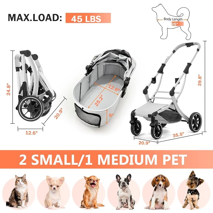 3 in 1 Pet Stroller for Small/Medium Dogs & Cats with Detachable Carrier, Storage Basket and Pet Pad, 4 Wheels Foldable Pet Travel Carrier for Car Seat & Hand Carry, Safe Outings (Khaki)