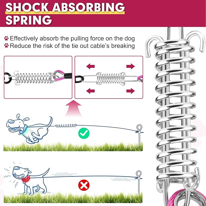 Snagle Paw Dog Tie Out Cable 15FT,Heavy Duty Dog Leads for Yard with Shock Absorbing Spring & Swivel Hook,Leash Cable for Outdoor Camping,Dog Line for Small Large Dogs,withstand 1000LBS Break Strength