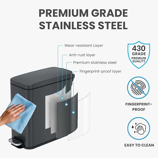 iTouchless 3 Gal Nursery Bin | Step Pedal Diaper Trash Can | Matte Grey | Wall-Hugger Shape Fits Narrow Gaps | Whisper-Quiet AirNova Damper | Matte Coating Resists Prints | Removable Liner Bucket
