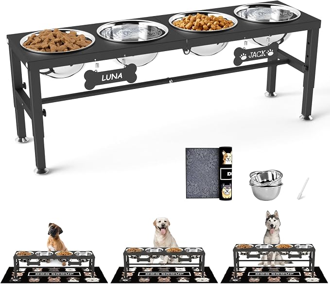 SHAINFUN Adjustable Height Dog Bowl Stand with 4 Bowls for Multi-Dog Homes– Elevated Dog Bowls for Large Breeds with Anti-Slip Mat, Raised Feeding Station with Stainless Steel Bowls