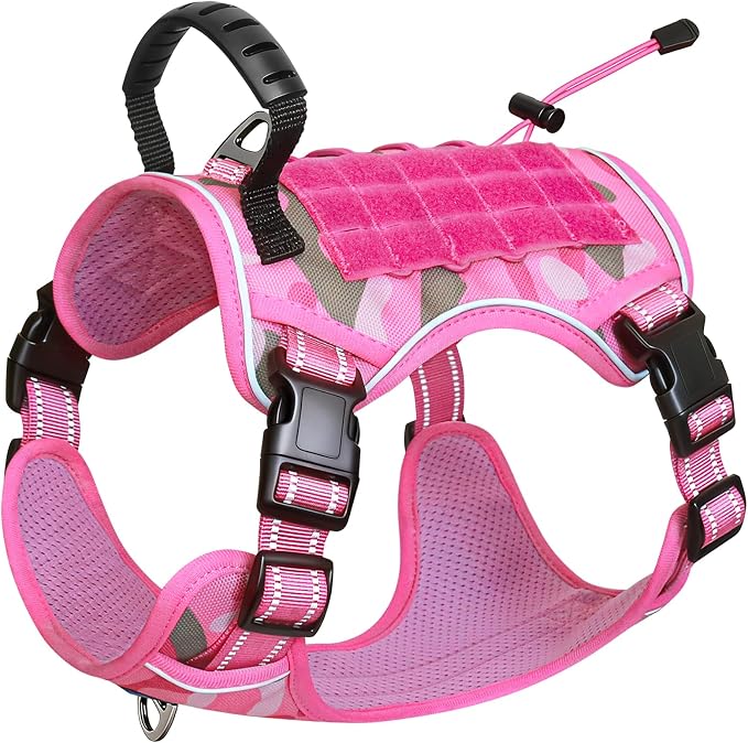 Tactical Dog Harness No Pull,Service Dog Vest with Handle,Pink Camo, XL | Adjustable Military,Reflective ＆ Molle Loop Panels, for Medium Large Size Dogs for Training Walking Running