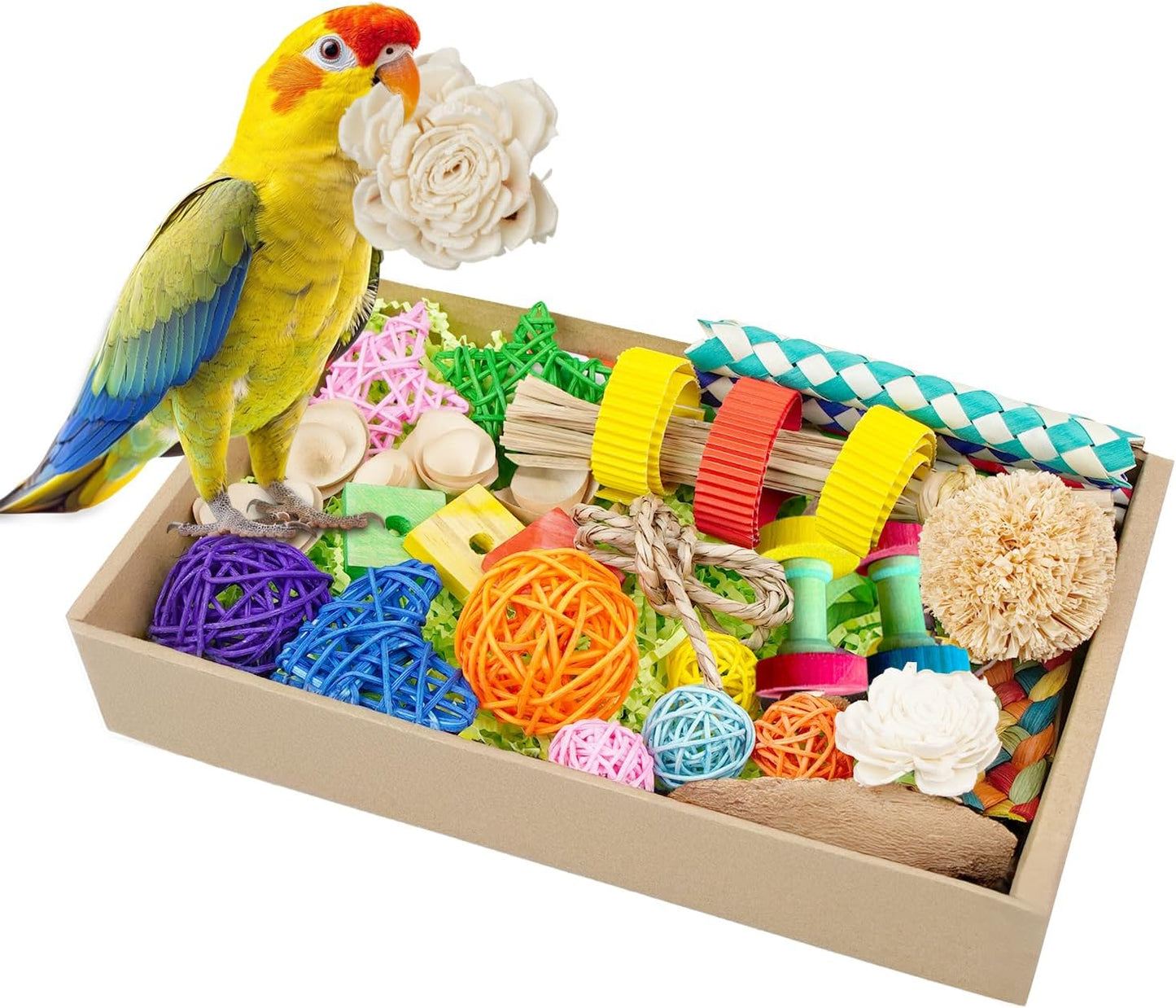 Bird Toys, Colorful Birds Foraging & Shredded Toy Boxs, Rattan Weaving Safe Parrot Toys, for Lovebird Cockatoo African Gray Parrot and Birds