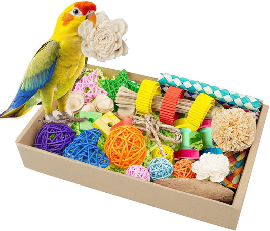 Bird Toys, Colorful Birds Foraging & Shredded Toy Boxs, Rattan Weaving Safe Parrot Toys, for Lovebird Cockatoo African Gray Parrot and Birds