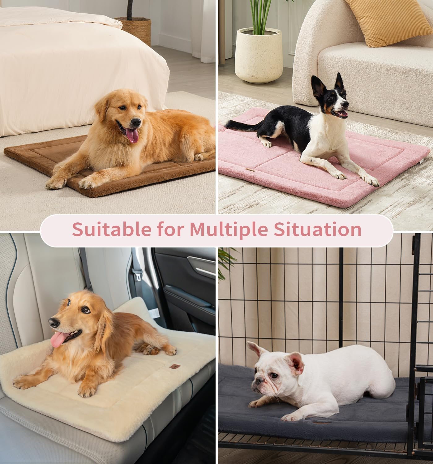 Made4Pets Dog Crate Pad Bed for Extra Large Dogs, Washable & Reversible, Anti-Slip Kennel Mat for Cozy Sleeping, Soft Fluffy Dog Bed for Indoor & Outdoor Use, 48"x30", Pink