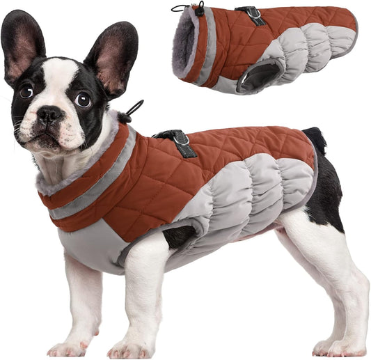 FUAMEY Dog Coat for Medium Dogs,Waterproof Dog Winter Jacket with Harness Built in Puppy Cold Weather Coats Reflective Pet Vest with Zipper Warm Fleece Dogs Snowsuit Windproof Brown M
