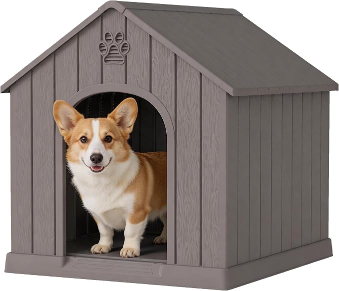 Dog House Outdoor, Plastic Small Dog House-Weatherproof Design with Air Vents & Elevated Floor for Small to Medium Dogs, Easy Clean and Assemble (Standard Grey, 26.18''L × 24.03''W × 25.98''H)
