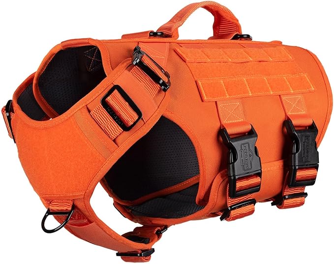 ICEFANG No Pull Tactical Dog Harness for X-Large Dogs,Adjustable Dog Vest | Control Handle,MOLLE Panel,Front Hook,3 Leash Clips,Soft Padded,for walking training,Orange,X-Large