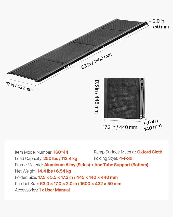 VEVOR Dog Ramp for Cars, 63" L x 17" W, Folding Pet Ramps for Medium & Large Dogs up to 250lbs, Pet Stair Ramp with Non-Slip Oxford Fabric Surface, Portable Outdoor Dog Car Ramps for SUV & Truck