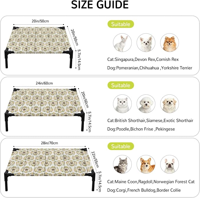 Outdoor Elevated Dog Bed for Small Dogs, Classic Bees Breathable Cooling Raised Dog Cot for Indoor/Outdoor, Summer Spring Floral Animals Wooden Waterproof Elevated Pet Beds, S 20 x 20 in