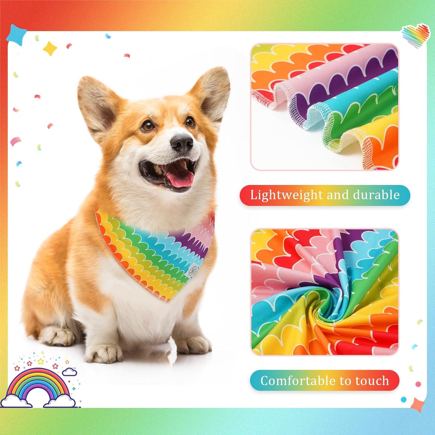 E-Clover Rainbow Dog Bandanas & Matching Scrunchie Set Girl Cute Pride Dog Scarf Bibs Pet Bandana with Bow Tie for Medium Large Dogs Owner Mom Summer