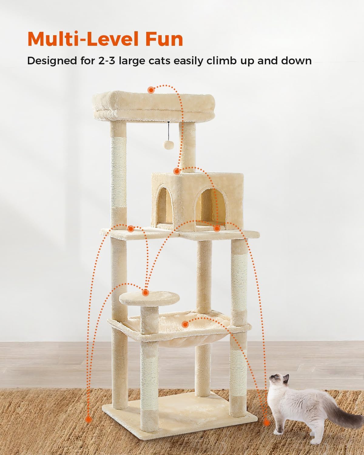 Cat Tree for Large Cats Adult with Metal Plush Big Hammock, 56.3" Cat Tower with 2 Door Condo House, 6-Tier Cat Shelves with Scratching Posts and Large Top Perch, Beige