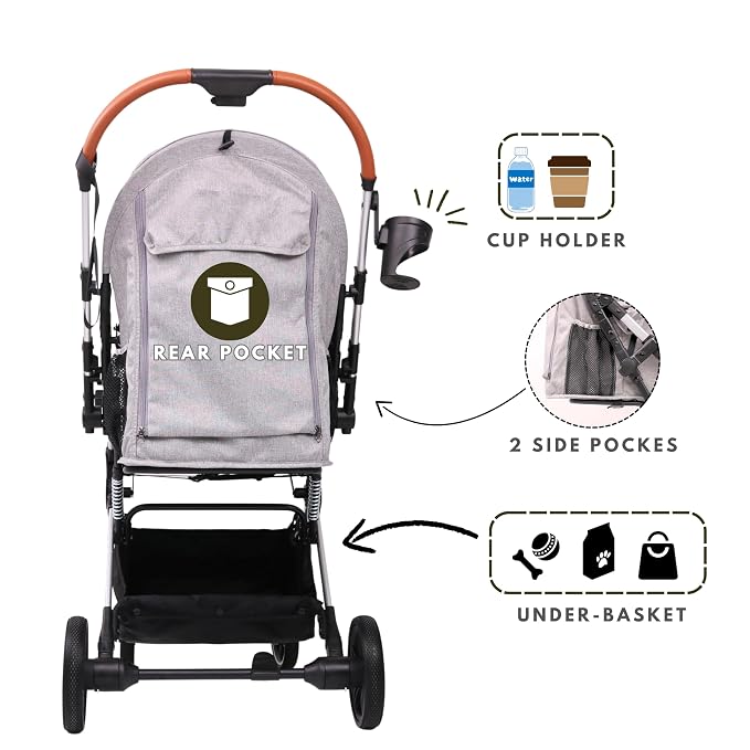 Bicystar Foldable Dog Stroller for Small Medium Dogs & Cats, 45 lbs, Black | For senior & injured pets, Travel-friendly, All-terrain 4 wheels, Aluminum frame, 42" handle for tall users, Two tethers