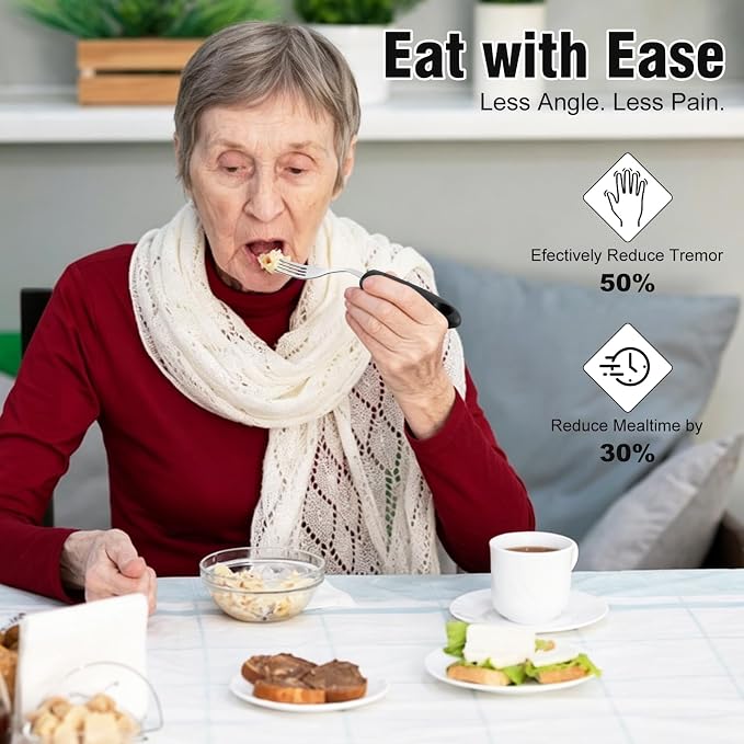 45°Angled Adaptive Utensils for Elderly, 2.9 oz Weighted Silverware for Hand Tremors, 4 Pack Built Up Utensils for Adults,Weak Hand Grip & Arthritis (Left-Handed)