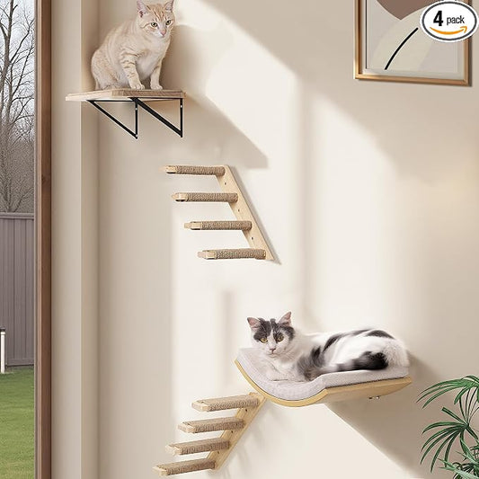 Cat Wall Stairs and Wall Shelves, 4 Piece Wood Cats Furniture Set, Padded Curved Bed with Foam, Flat Shelf & Climbing 4 Steps Stairs for Large Indoor Cats