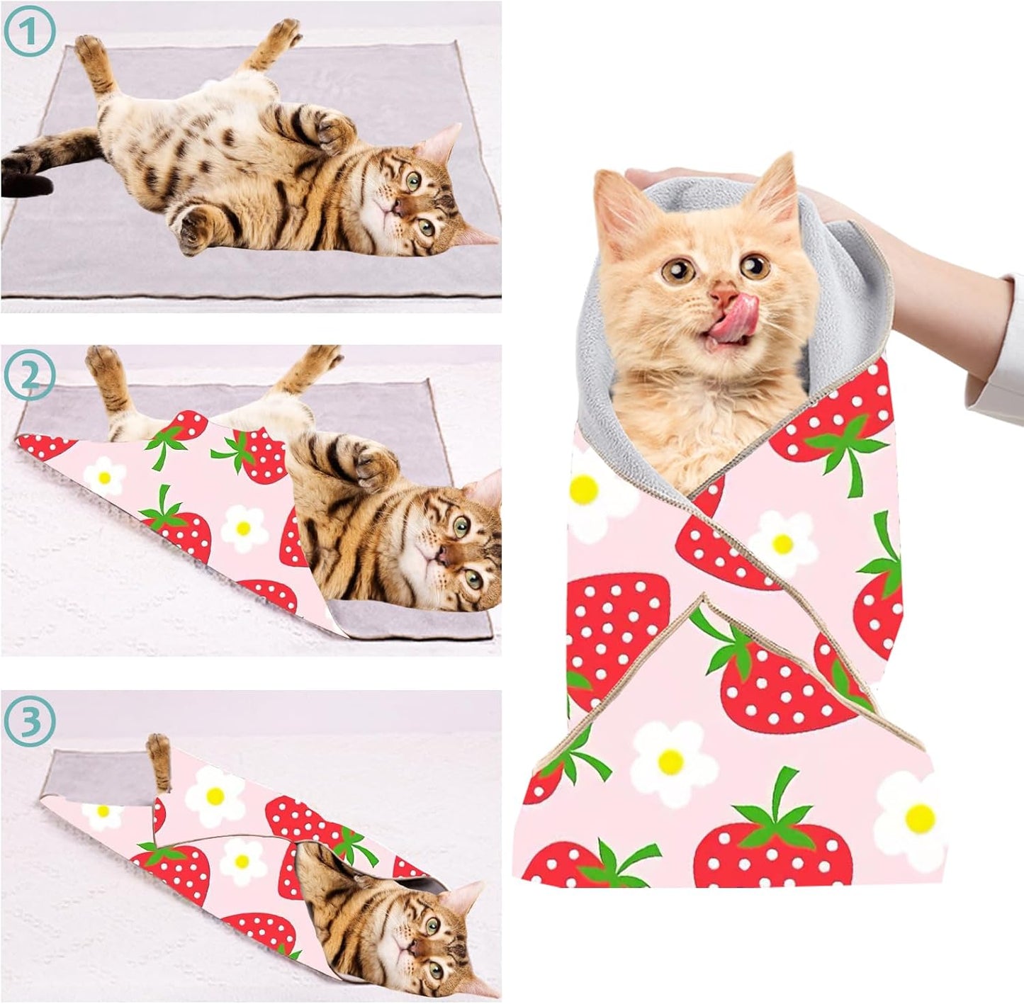 2 Pack Cat Grooming Wrap, L(Within 15lbs) Cat Restraint Wrap for Nail Clipping, Ear Cleaning, and Teeth Brushing, Self-Adherent, Anti-Bite, Anti-Scratch, Pink Strawberry