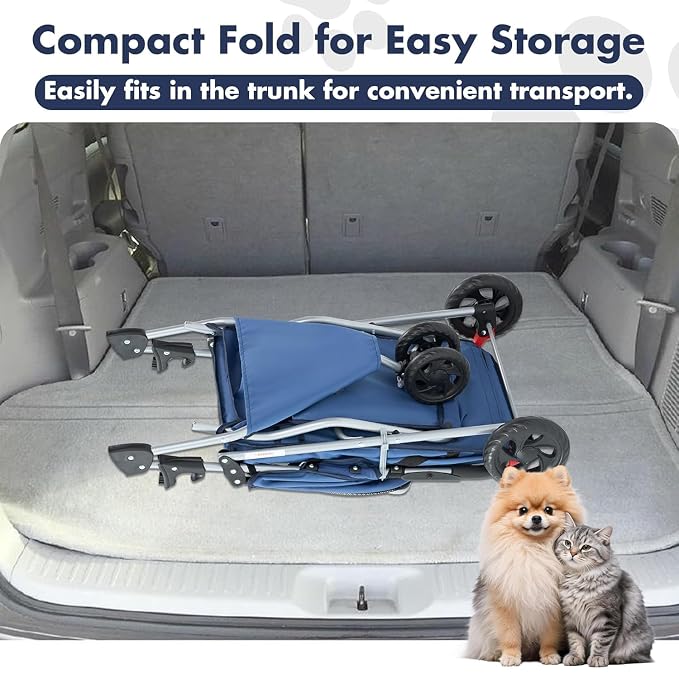 3 Wheels Pet Stroller,Storage Basket and Cup Holder, Breathable Mesh, Waterproof and Foldable for Small/Medium Dogs and Cats Strollers, Lightweight Travel Carrier for Daily Walks & Outdoor，Blue