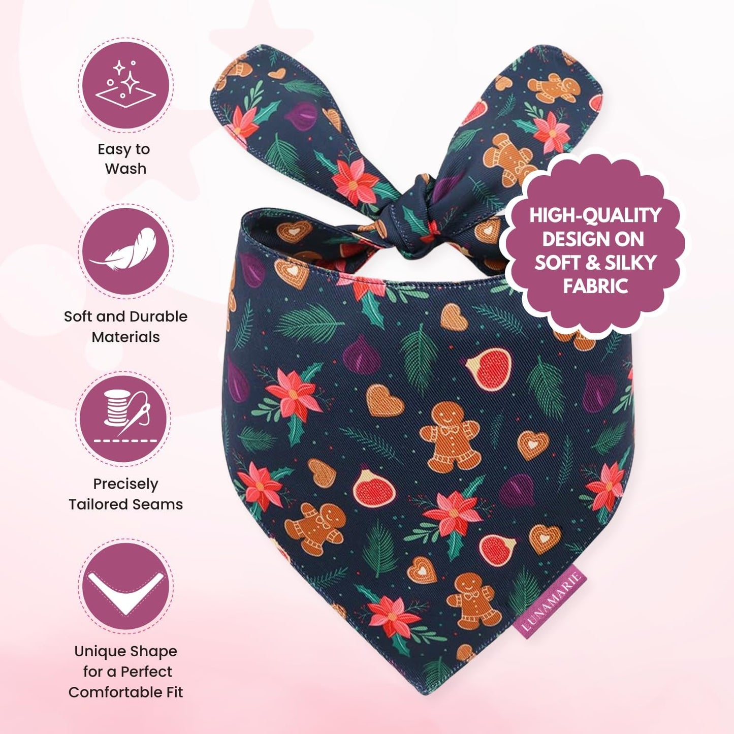 LunaMarie - Luxury Pet Birthday Bandanas -Premium & Silky Poly Fabric | 100% Handmade | Custom Shape Dual Layered (Gingerbread & Figs, Medium)