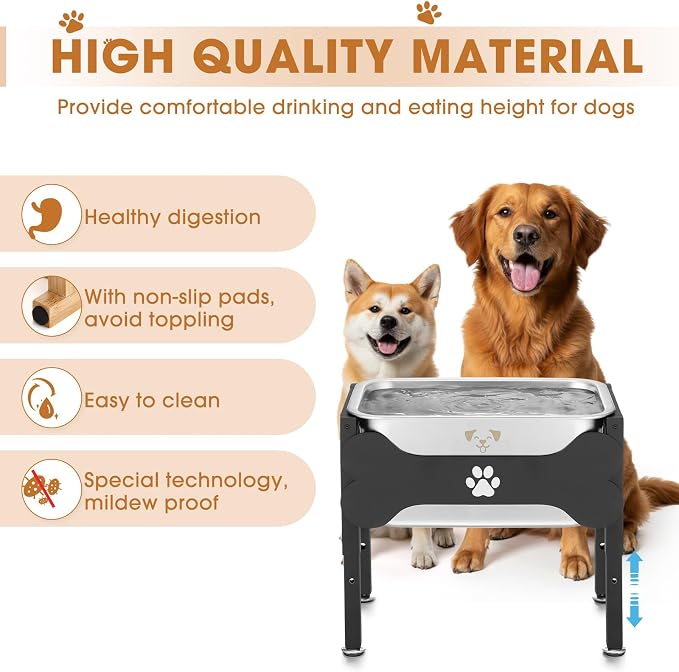 Mimorou 2.64 Gal Elevated Large Dog Water Bowl Raised Stainless Steel Bowl Stand Large Breed with Height Adjustable 7.8-12.5" Non-Slip Dog Feeding Station for Pressure Relief Indoor Outdoor(Black)