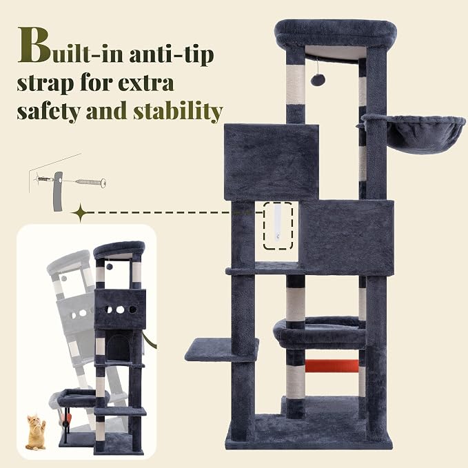 Hey-brother Cat Tree, 68.5 inch Cat Tower with L-Shaped Extended Base, Multi-Level Plush Furniture with 2 Spacious Candos, 2 Platforms, 11 Scratching Posts, Hammock and Toy Ball, Smoky Gray MPJ086G