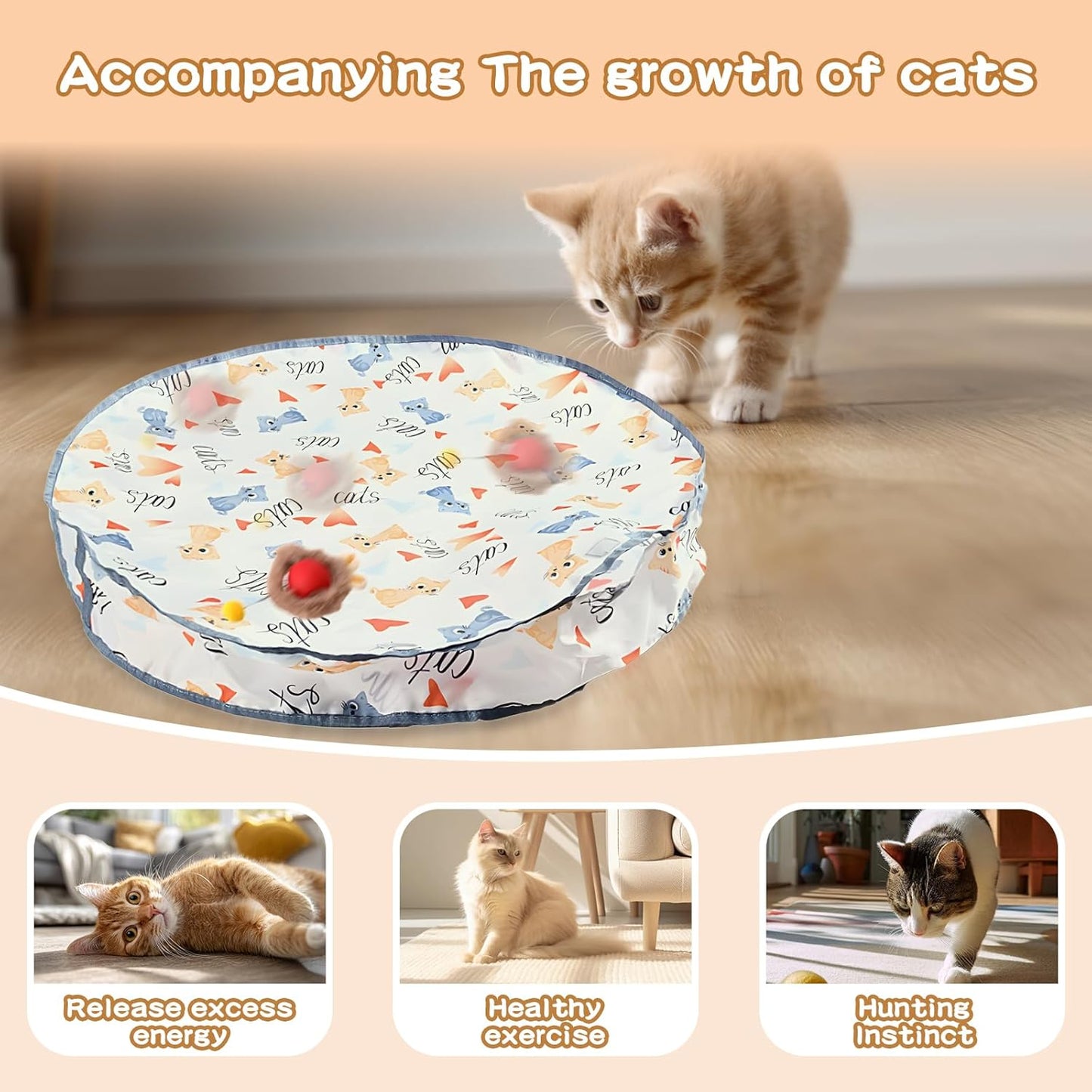 Rocfish Interactive Cat Toys Ball - Automatic Fast Rolling Ball in Play Mat, Hide and Seek Mouse Catching Game, Low-Noise Cat Enrichment Toys in Pouch for Indoor Bored Cats (Red Toy & Round Mat)