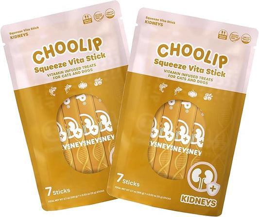 Choolip Squeeze Vita Stick Lickable Cat & Dog Treats – 14 Sticks (2×7 Value Bundle) Kidney Support, Creamy Grain-Free Puree with CoQ10, Omega 3 & Vitamin E for Hydration & Renal Health
