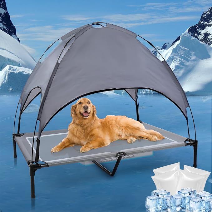 48'' Outdoor Elevated Dog Bed with Canopy, Raised Dogs Bed, Dog Cot(Large) | Outdoor Dog Bed with Canopy Medium Large Size Dogs with Ice Pack, Dog Cooling Beds, Outdoor Pet Hammock Beds, Outside Pet Bed