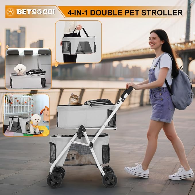 Double Dog Stroller with 2 Detachable Carrier, Portable Pet Stroller for Small Dogs & Cats Folding Lightweight Puppy Travel Carriage, 4 Wheels, Grey