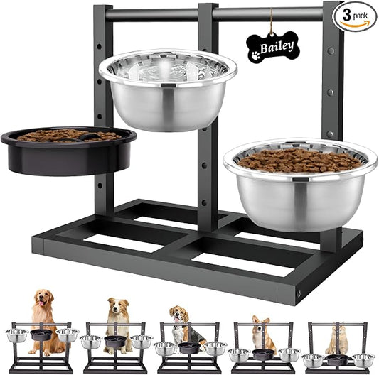 Elevated Dog Bowls Stand for Medium Large Dogs, 5 Adjustable Height Metal Raised Dog Bowl Stand 3 Food Water Bowls and Slow Feeder Bowl with Non-Slip Feet