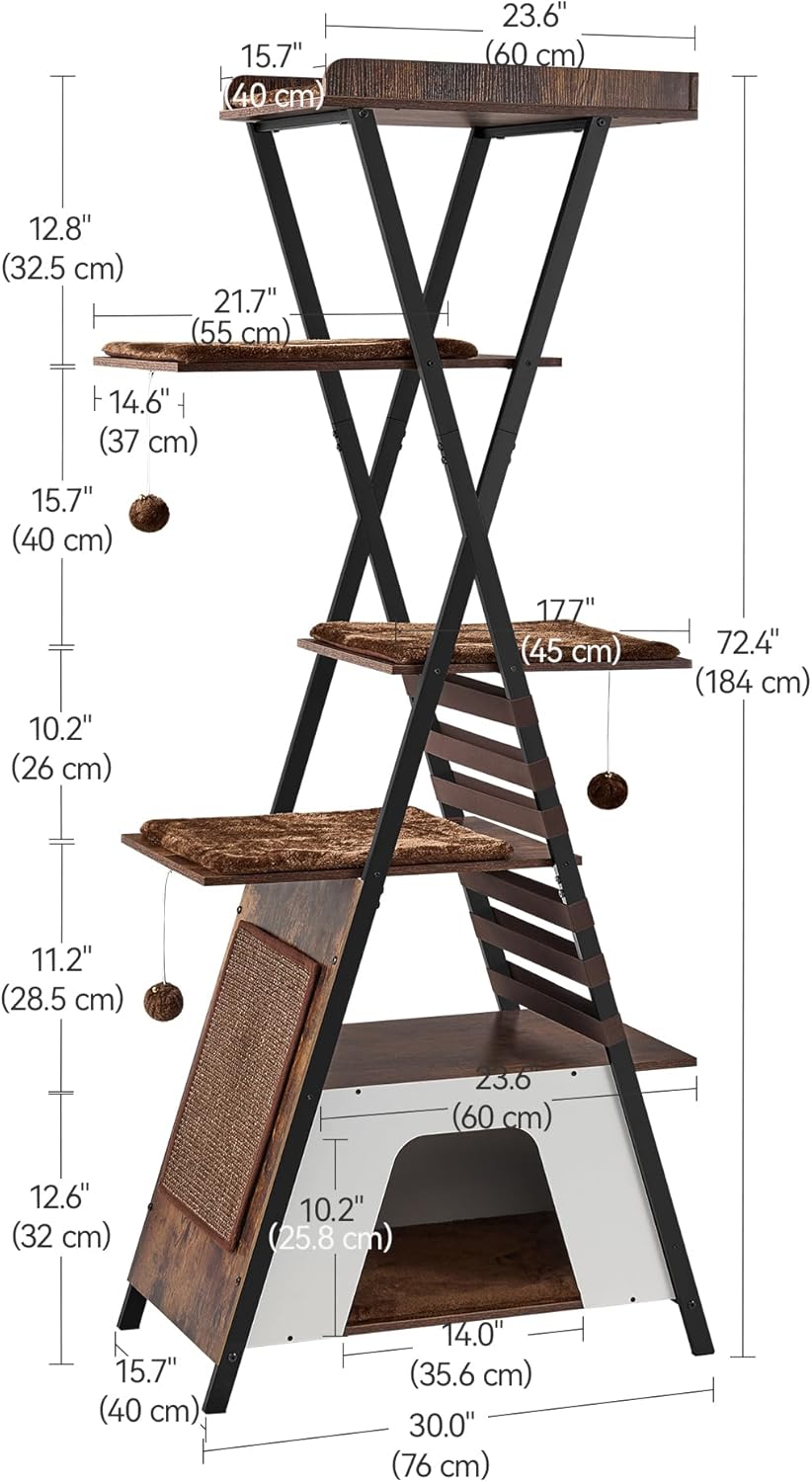 FourFurPets 72.4" Modern Cat Tower for Indoor Cats - Multi-Level Condo With Caves, Tall Tree With Scratching Board, Wooden Tower With Large Perch, Removable Pads, Rustic Brown