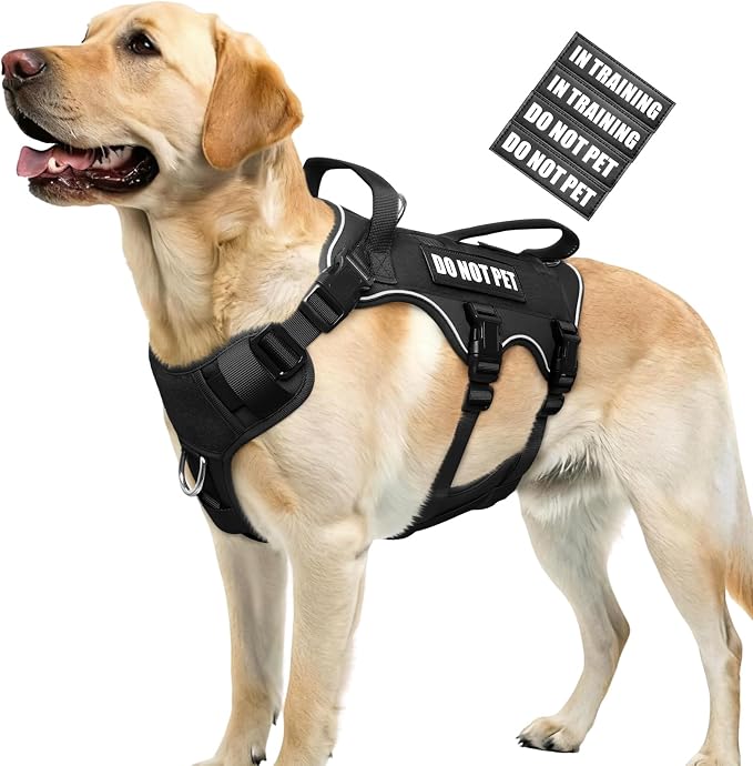Escape Proof Dog Harness with Double Handle+4 Removable Patches | Service Working Molle Harness with Double Handle for Large Dogs, Tactical Pet Reflective Vest for Walking Hiking Hunting
