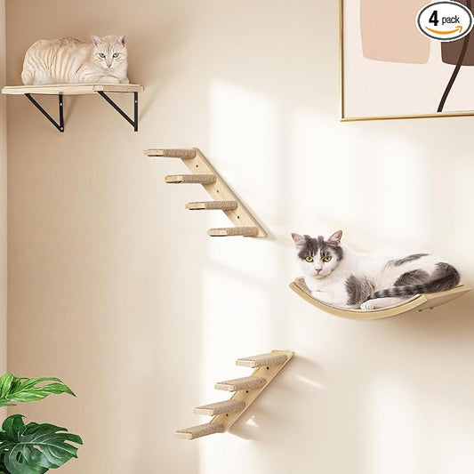 Cat Wall Shelves Set with Sisal Cats Window Perch, 4 Piece Wood Climbing Furniture with Curved Sisal Bed, Flat Shelf & Two Wall-Mounted 4 Steps Cat Stairs