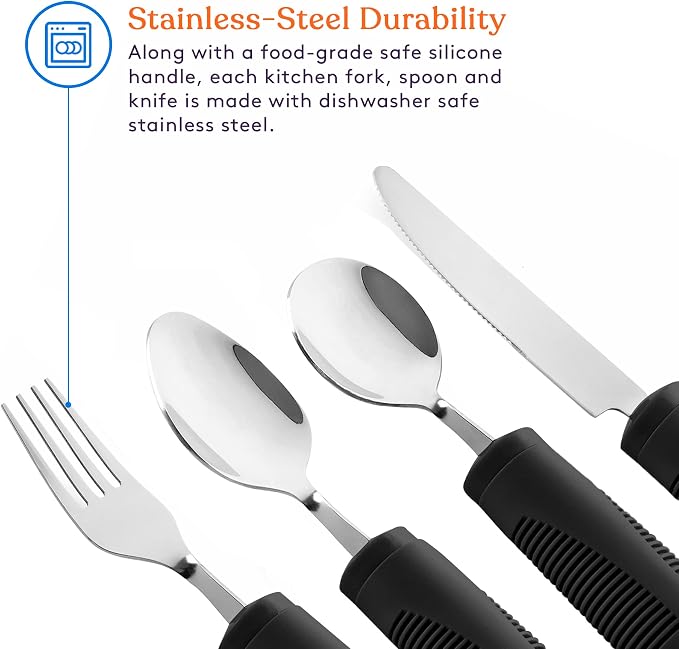 Special Supplies Adaptive Utensils (4-Piece Kitchen Set) Weighted, Non-Slip Handles for Hand Tremors, Arthritis, Parkinson’s Elderly use - Stainless Steel Knife, Fork, Spoons (Black Weighted Bendable)