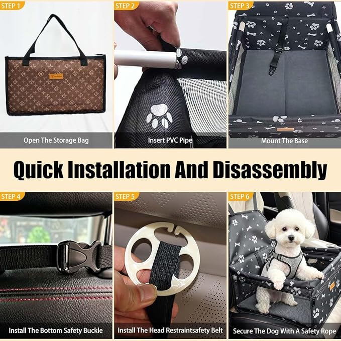 Pet Dog Booster Seat, Upgrading the Framed wall to Prevent Collapse，Breathable and Foldable Pet Car Basket，Removable andWashable pet car seat (Black Footprints)