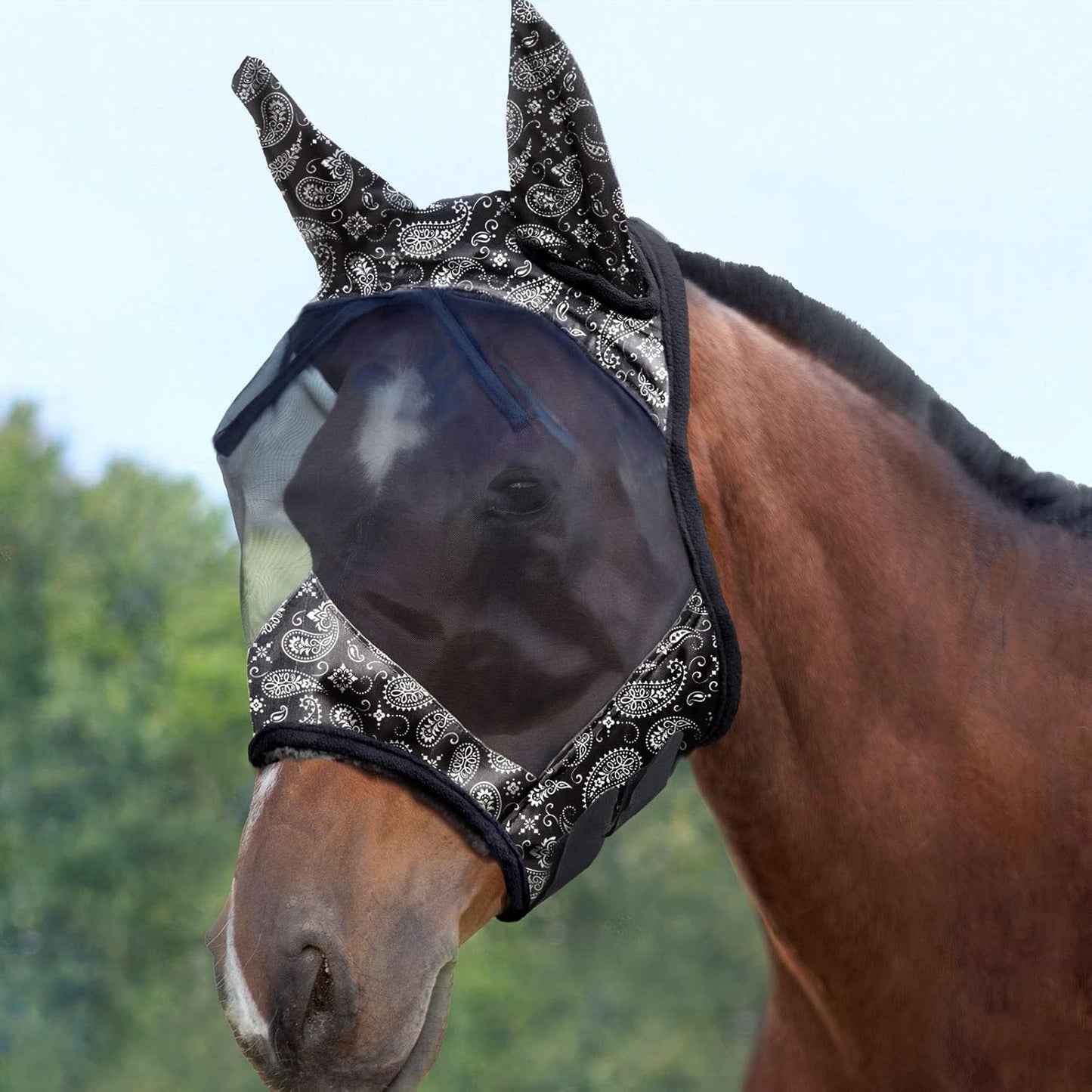 Harrison Howard LumiVista Horse Fly Mask Standard with Ears UV Protection for Horse Paisley Wave XL Extra Full