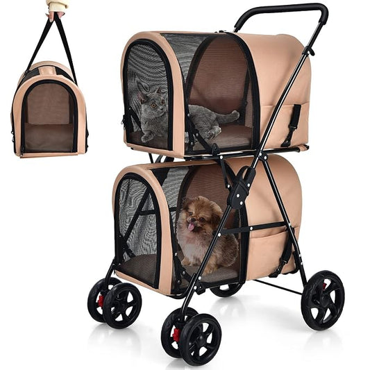 Giantex Double Pet Stroller with 2 Detachable Carrier Bags, Safety Belt, 4 Lockable Wheels, Folding Cat & Dog Stroller for Small Medium Pets, Cats Dogs Puppy Travel Strolling Cart (Beige)