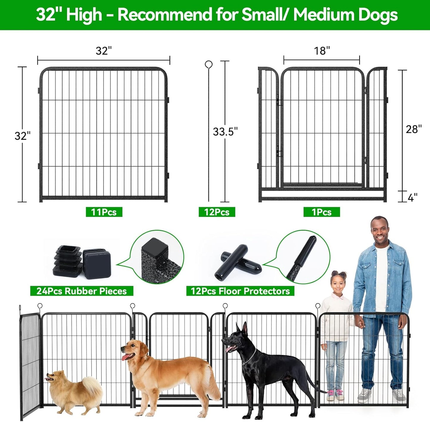 Dog Playpen Outdoor Extra Wide 12 Panels Heavy Duty Dog Fence 32" Height Anti-Rust with Doors Portable for RV Camping Yard, Total 32FT, 79 Sq.ft, Snowy Black