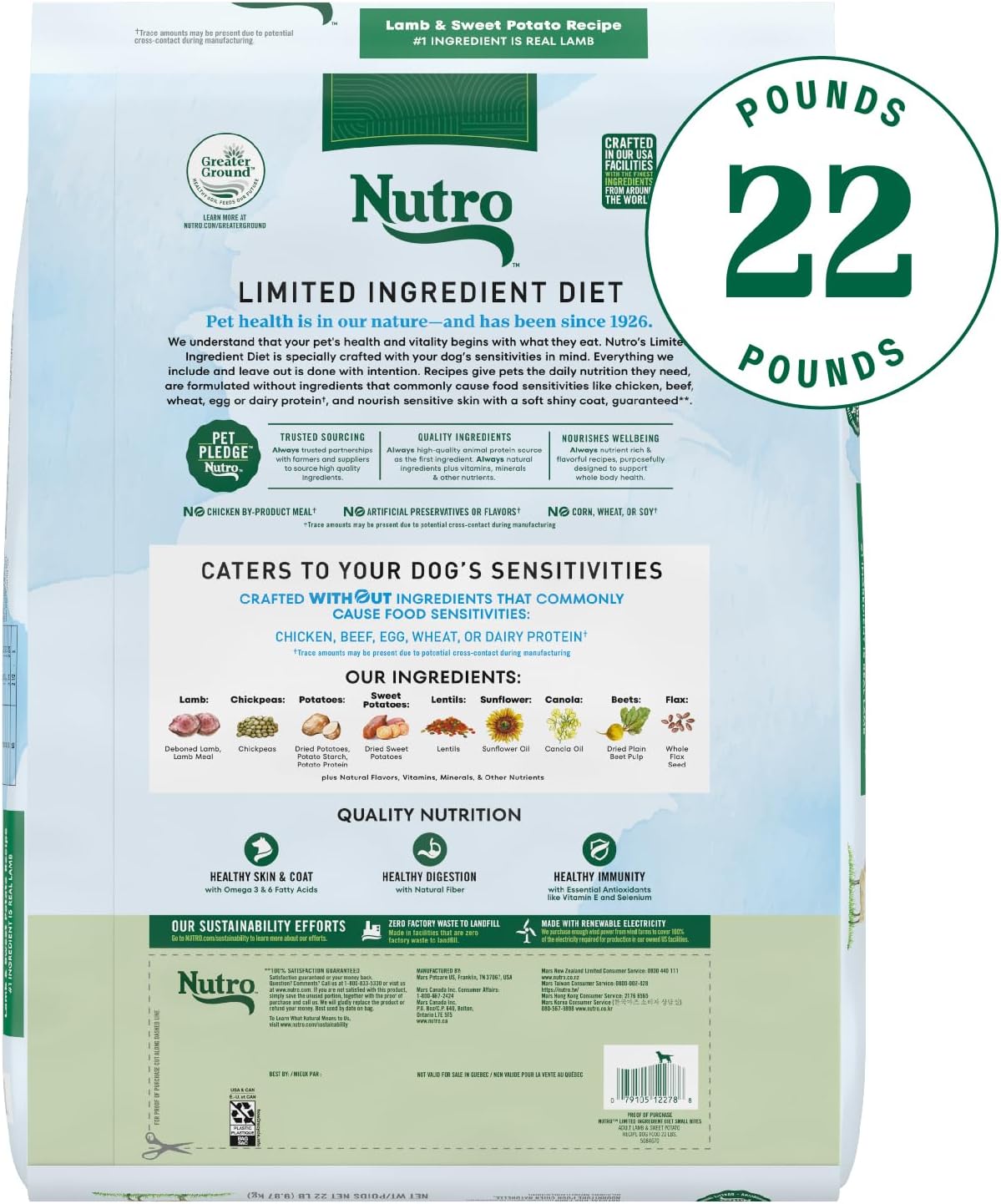 Nutro Limited Ingredient Diet Small Bites Adult Dry Dog Food, Lamb & Sweet Potato Recipe, 22 lbs.